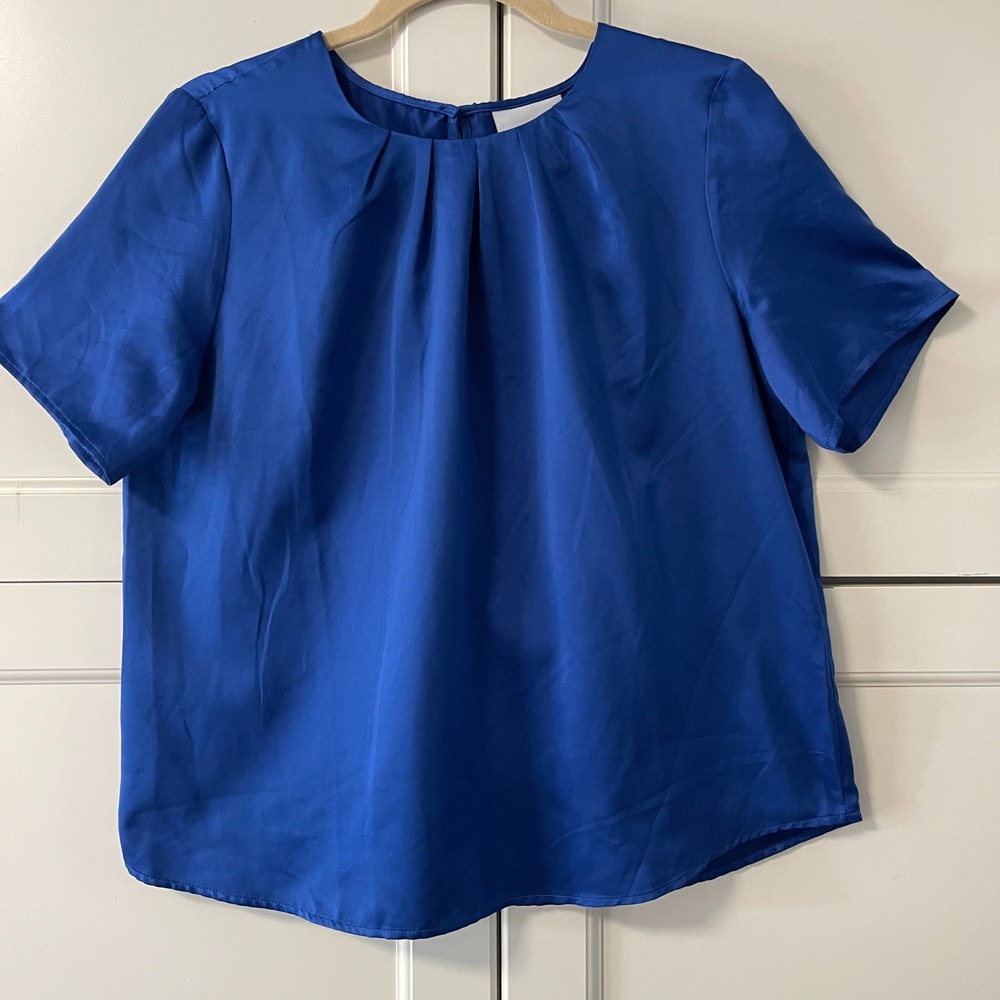 The Tog Shop Petites Royal Blue Pleated Neck Satin Blouse Short Sleeve 12P